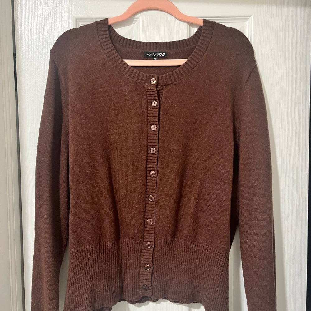 Fashion Nova Brown Button-Up Knit Cardigan